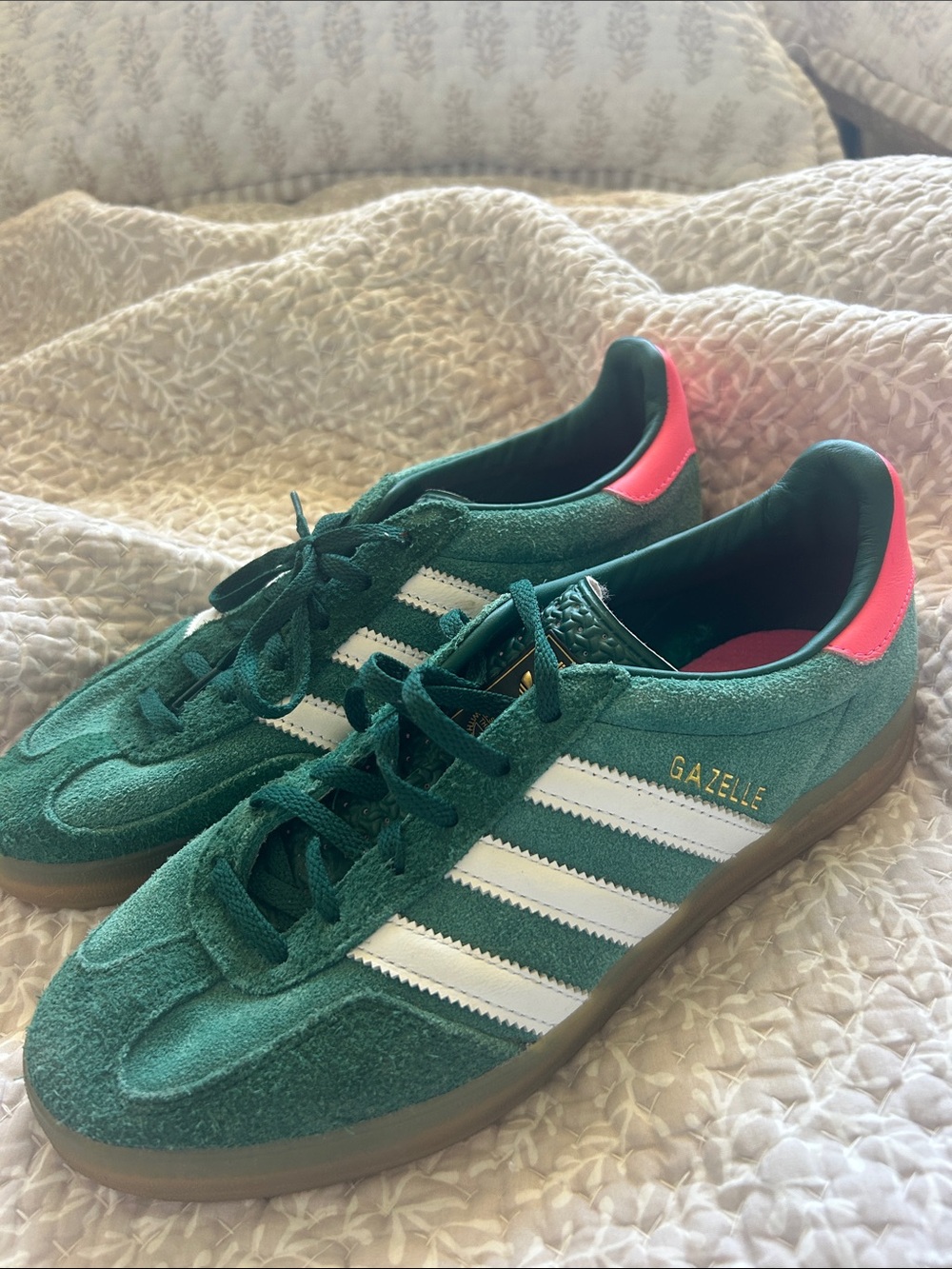 adidas Green Gazelle Suede Sneakers with White Stripes and Pink Heel